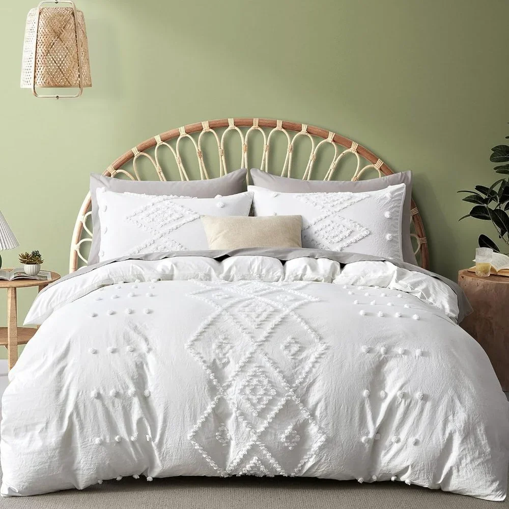 NEW Boho White Tufted Style Jungalow Bohemian Queen 3PC DUVET Cover Bedding SET